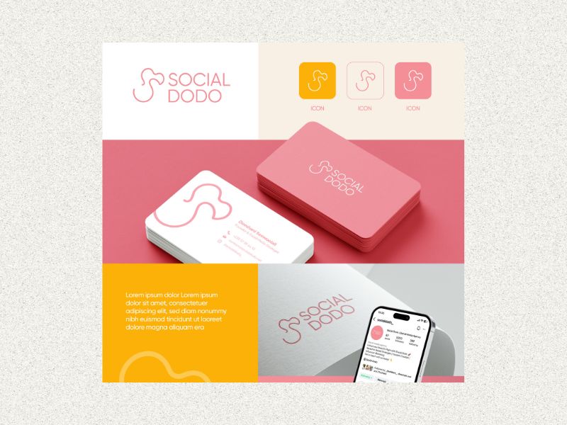 A designer's desk with brand logo sketches, color swatches, and typography examples.